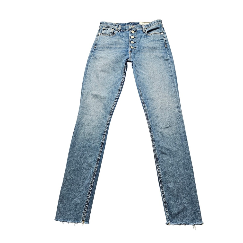 Rag & Bone High Rise Skinny Jeans 27 Blue Button Fly Raw Hem Stretch Denim